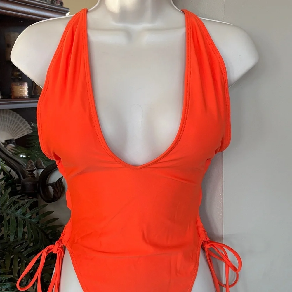 NWOT Orange Plunge One Piece Tie Back Swimsuit w/ Long Sleeve Ombre Mesh CoverUp